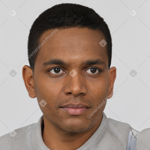 Neutral black young-adult male with short  black hair and brown eyes