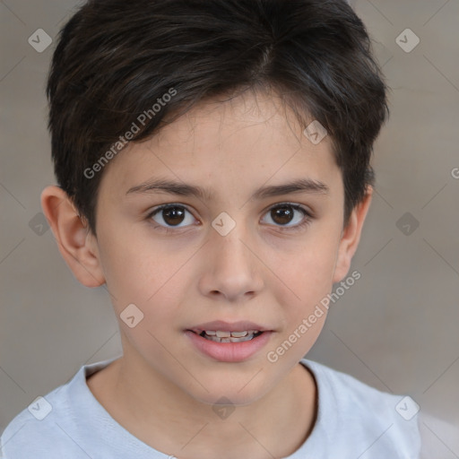 Joyful white child female with short  brown hair and brown eyes