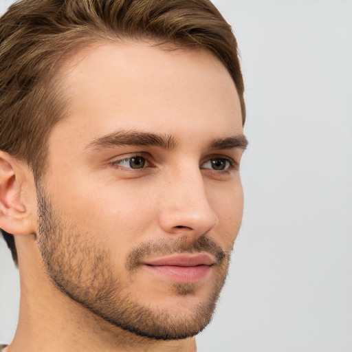 Neutral white young-adult male with short  brown hair and brown eyes