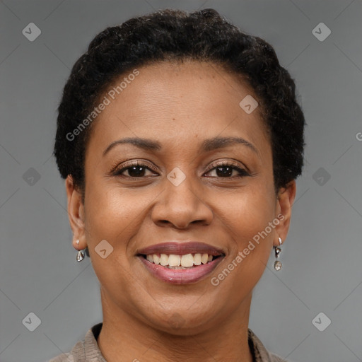 Joyful black adult female with short  brown hair and brown eyes