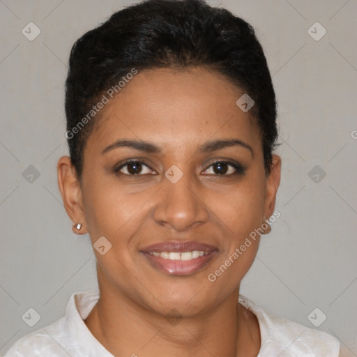 Joyful latino young-adult female with short  brown hair and brown eyes