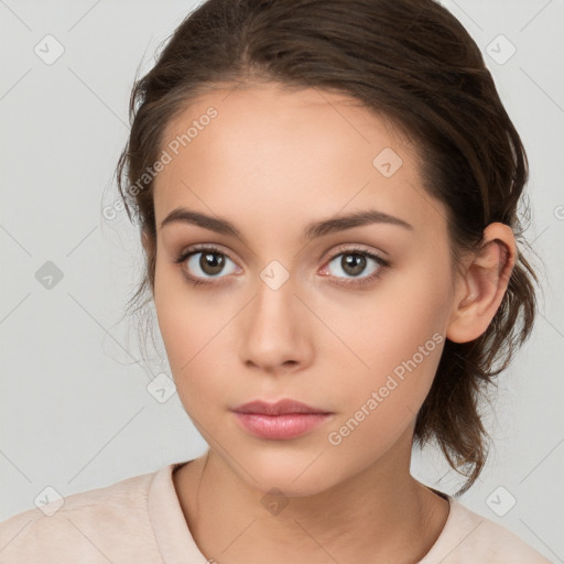 Neutral white young-adult female with medium  brown hair and brown eyes