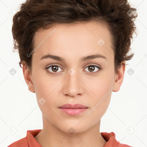 Neutral white young-adult female with short  brown hair and brown eyes