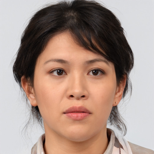 Neutral asian young-adult female with medium  brown hair and brown eyes
