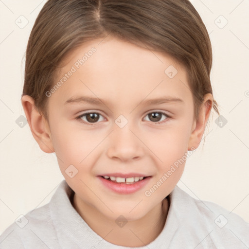 Joyful white child female with short  brown hair and brown eyes