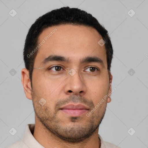 Neutral latino young-adult male with short  black hair and brown eyes