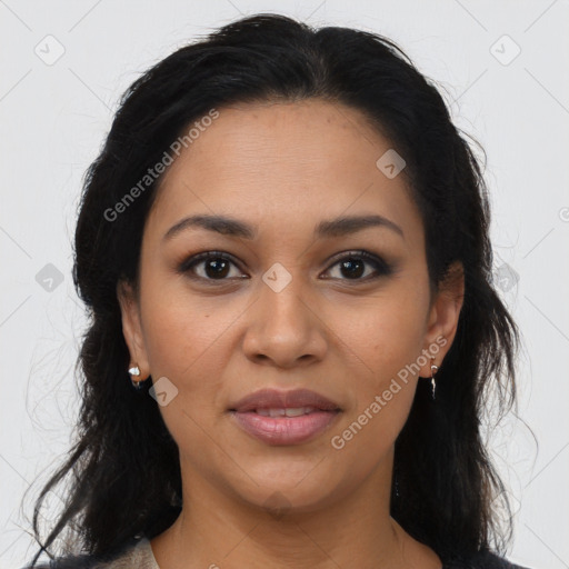 Joyful latino young-adult female with long  brown hair and brown eyes