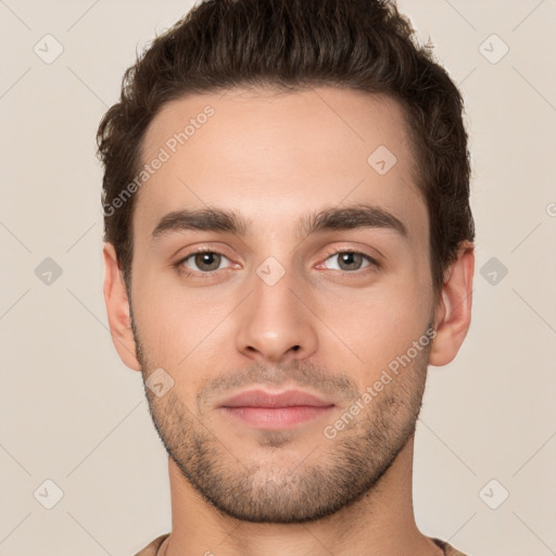 Neutral white young-adult male with short  brown hair and brown eyes