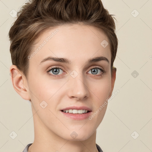 Joyful white young-adult female with short  brown hair and grey eyes