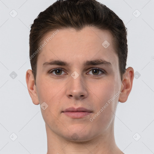 Neutral white young-adult male with short  brown hair and brown eyes