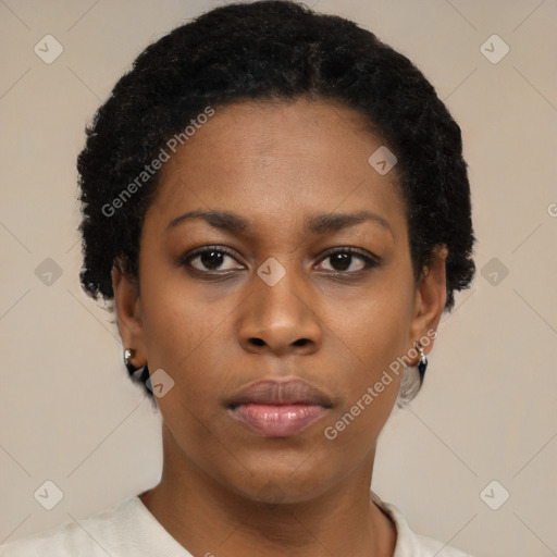 Neutral black young-adult female with short  black hair and brown eyes
