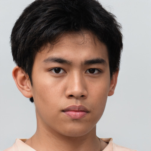 Neutral asian young-adult male with short  brown hair and brown eyes