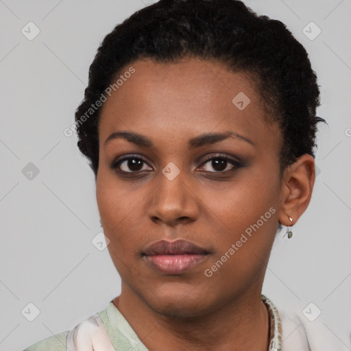 Neutral black young-adult female with short  black hair and brown eyes