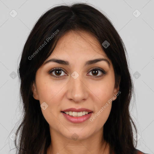 Joyful white young-adult female with long  brown hair and brown eyes