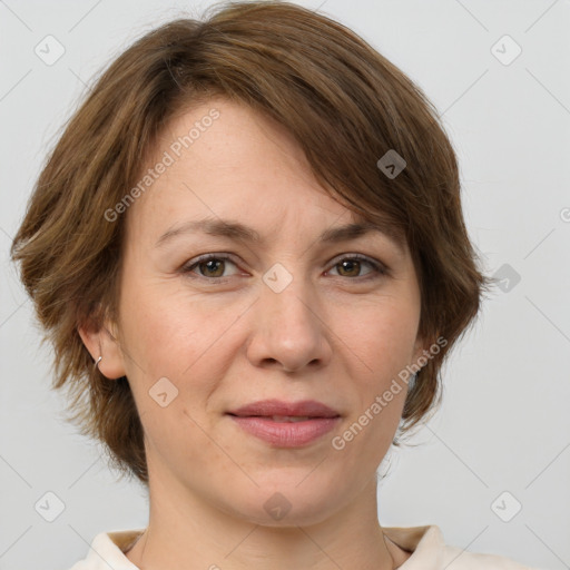 Joyful white adult female with medium  brown hair and grey eyes