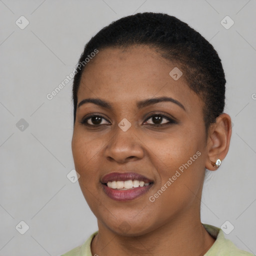 Joyful latino young-adult female with short  black hair and brown eyes