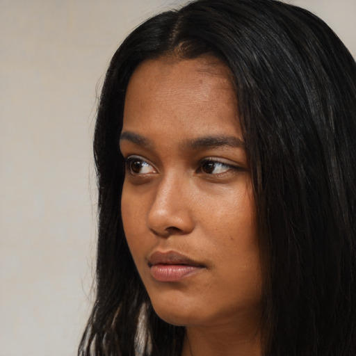 Neutral asian young-adult female with long  black hair and brown eyes