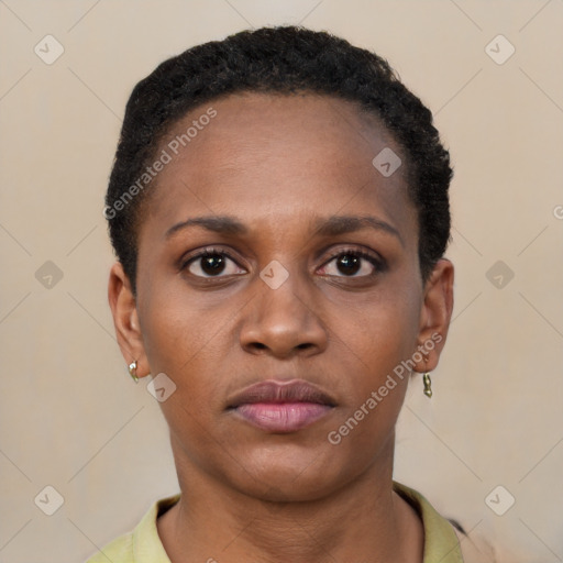 Neutral black young-adult female with short  black hair and brown eyes