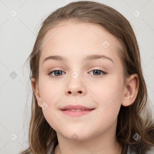 Joyful white child female with medium  brown hair and grey eyes