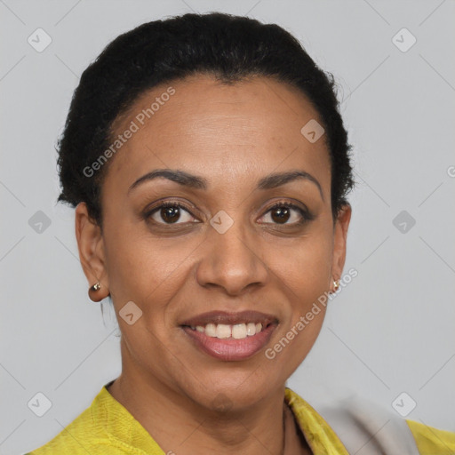 Joyful black young-adult female with short  brown hair and brown eyes