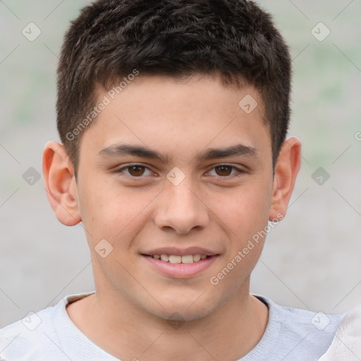 Joyful white child male with short  brown hair and brown eyes