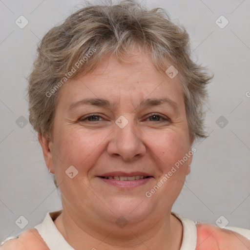 Joyful white adult female with short  brown hair and brown eyes