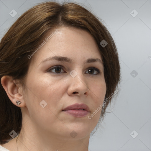 Neutral white young-adult female with medium  brown hair and brown eyes