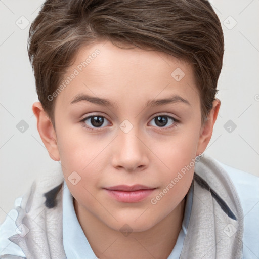 Joyful white child female with short  brown hair and brown eyes