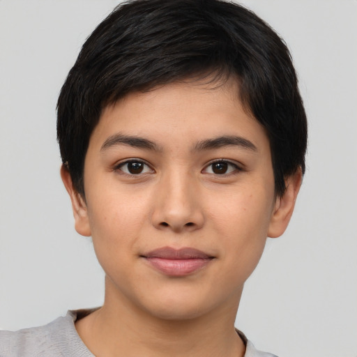 Joyful asian young-adult female with short  black hair and brown eyes