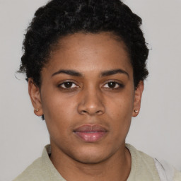 Neutral black young-adult female with short  brown hair and brown eyes