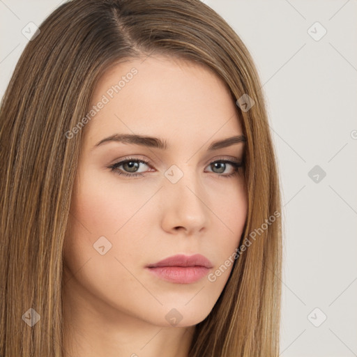 Neutral white young-adult female with long  brown hair and brown eyes