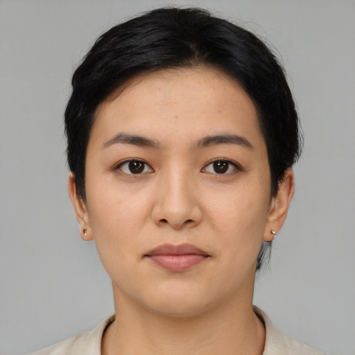 Neutral asian young-adult female with short  black hair and brown eyes