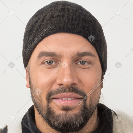 Joyful white young-adult male with short  black hair and brown eyes