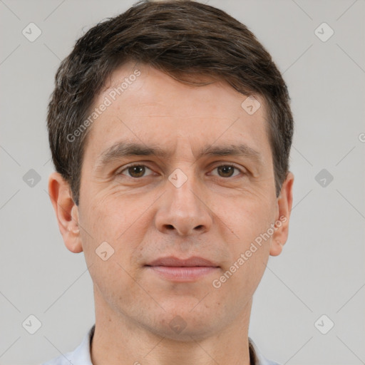 Neutral white adult male with short  brown hair and brown eyes