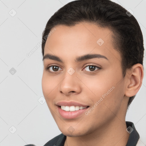 Joyful white young-adult female with short  brown hair and brown eyes