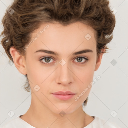 Neutral white young-adult female with short  brown hair and brown eyes