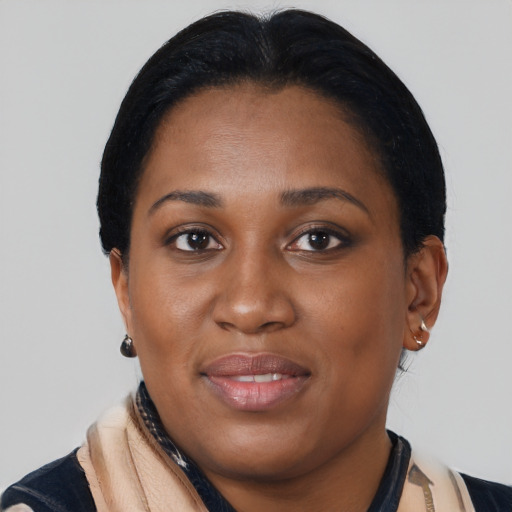 Joyful latino young-adult female with short  black hair and brown eyes