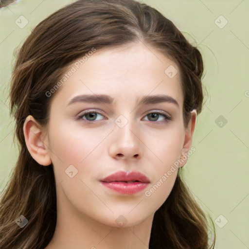 Neutral white young-adult female with long  brown hair and brown eyes
