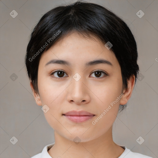 Neutral asian young-adult female with medium  black hair and brown eyes