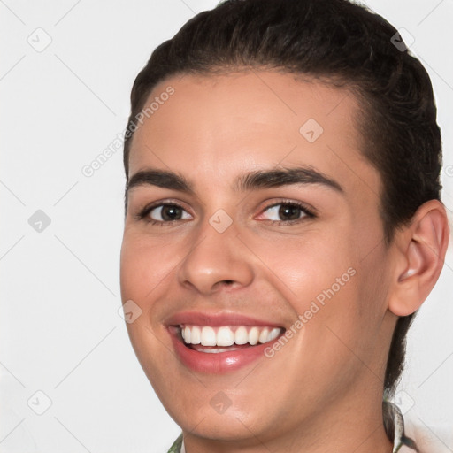 Joyful white young-adult female with short  brown hair and brown eyes