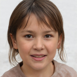 Joyful white child female with medium  brown hair and brown eyes