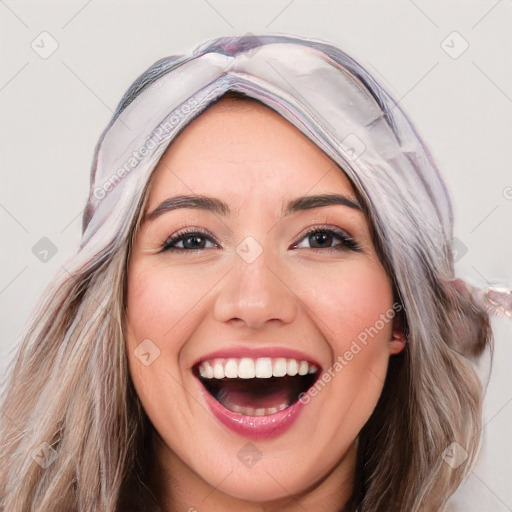 Joyful white young-adult female with long  brown hair and brown eyes