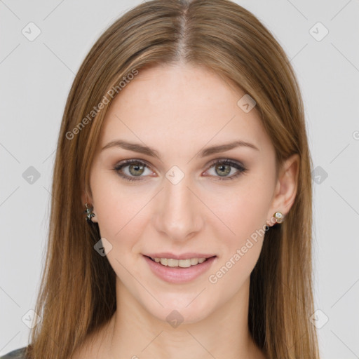 Joyful white young-adult female with long  brown hair and green eyes