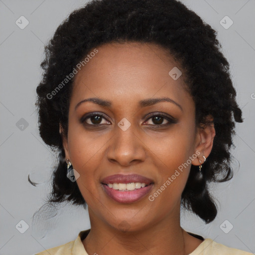 Joyful black young-adult female with medium  black hair and brown eyes