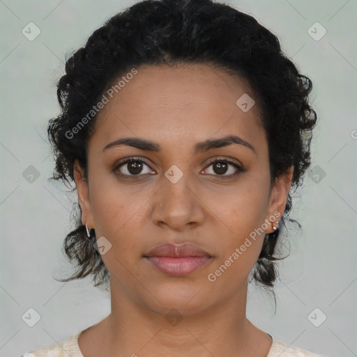 Joyful latino young-adult female with medium  black hair and brown eyes