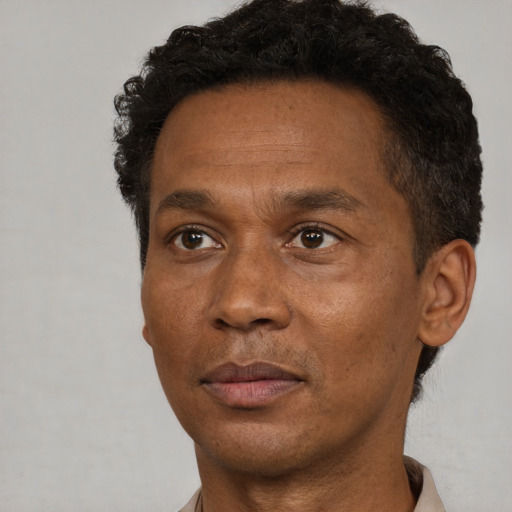 Joyful black adult male with short  brown hair and brown eyes