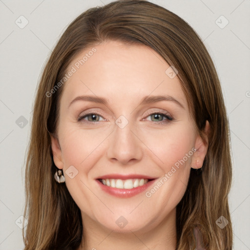 Joyful white young-adult female with long  brown hair and grey eyes