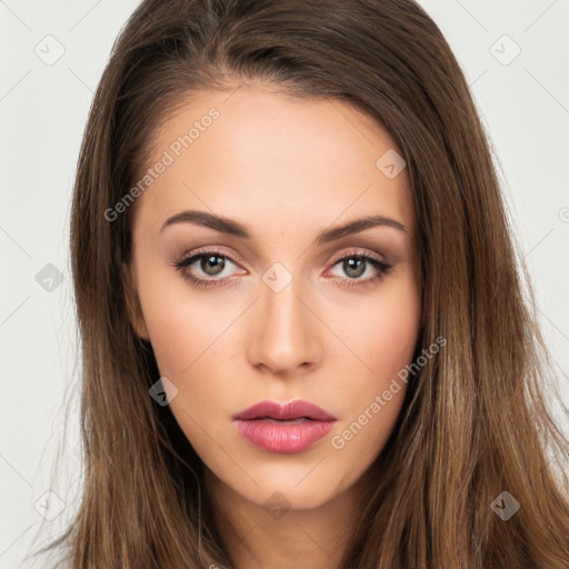 Neutral white young-adult female with long  brown hair and brown eyes