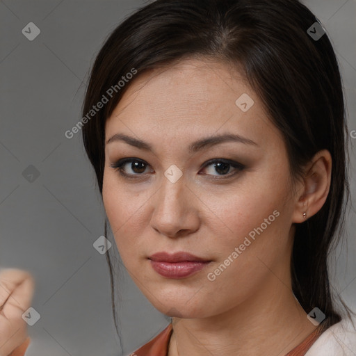 Neutral white young-adult female with medium  brown hair and brown eyes