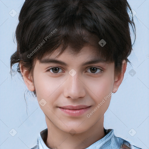 Joyful white child male with short  brown hair and brown eyes